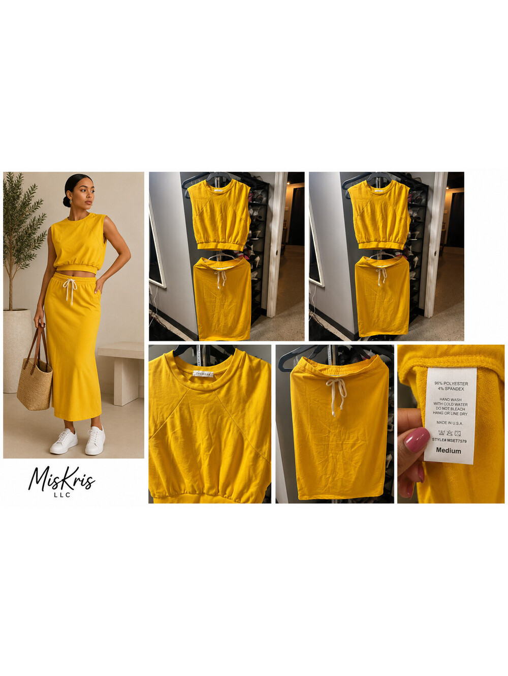 NWOT TheMogan Yellow 2 Piece Skirt Set Medium Crop Top Midi Skirt Stretch